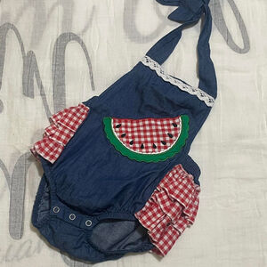 Adorable navy red marie Nichole watermelon romper with ruffles lace #babyfashion